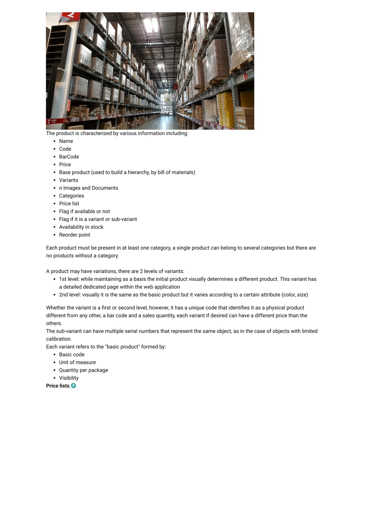 Products and warehouse
